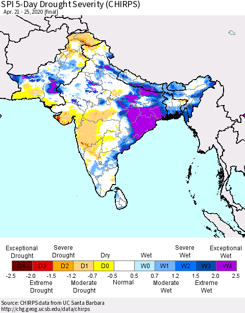 Southern Asia SPI 5-Day Drought Severity (CHIRPS) Thematic Map For 4/21/2020 - 4/25/2020