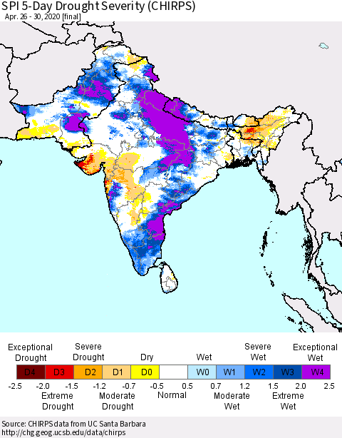 Southern Asia SPI 5-Day Drought Severity (CHIRPS) Thematic Map For 4/26/2020 - 4/30/2020