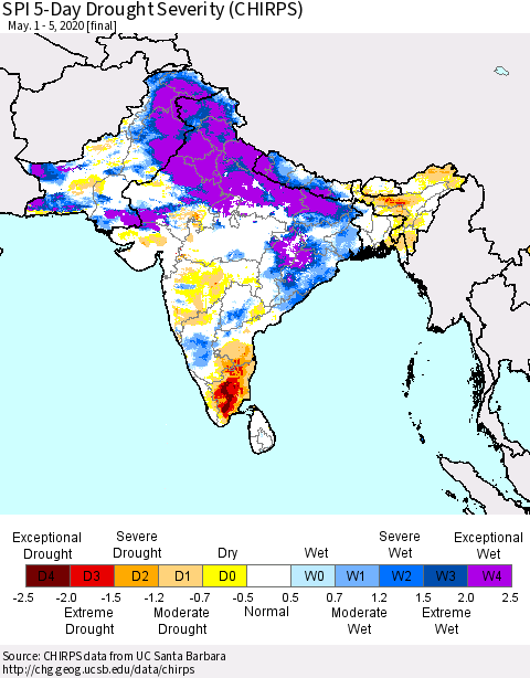 Southern Asia SPI 5-Day Drought Severity (CHIRPS) Thematic Map For 5/1/2020 - 5/5/2020