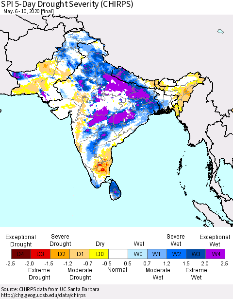 Southern Asia SPI 5-Day Drought Severity (CHIRPS) Thematic Map For 5/6/2020 - 5/10/2020