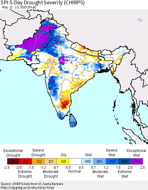 Southern Asia SPI 5-Day Drought Severity (CHIRPS) Thematic Map For 5/11/2020 - 5/15/2020