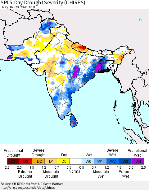Southern Asia SPI 5-Day Drought Severity (CHIRPS) Thematic Map For 5/16/2020 - 5/20/2020