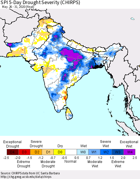 Southern Asia SPI 5-Day Drought Severity (CHIRPS) Thematic Map For 5/26/2020 - 5/31/2020