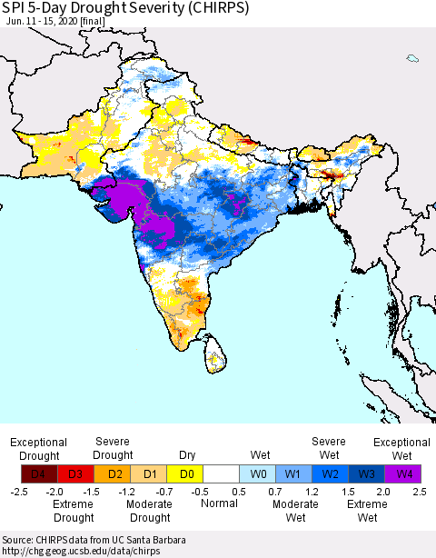 Southern Asia SPI 5-Day Drought Severity (CHIRPS) Thematic Map For 6/11/2020 - 6/15/2020