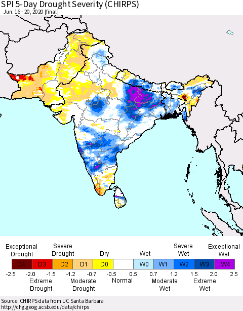 Southern Asia SPI 5-Day Drought Severity (CHIRPS) Thematic Map For 6/16/2020 - 6/20/2020