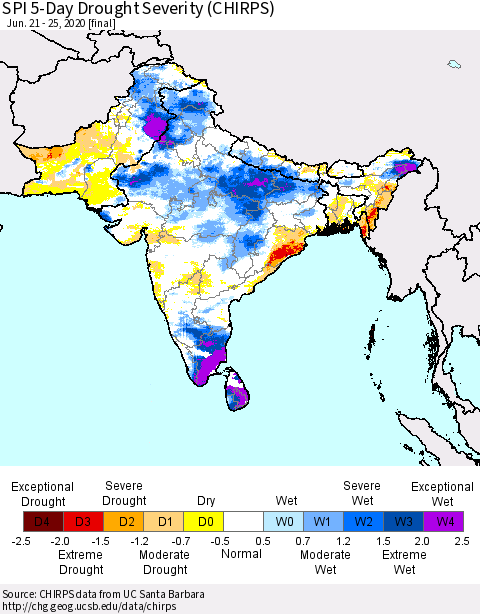 Southern Asia SPI 5-Day Drought Severity (CHIRPS) Thematic Map For 6/21/2020 - 6/25/2020