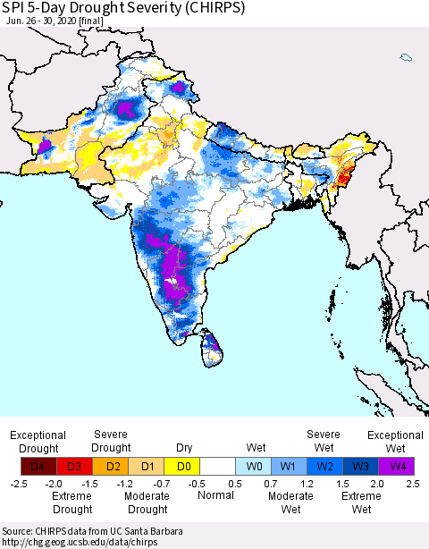 Southern Asia SPI 5-Day Drought Severity (CHIRPS) Thematic Map For 6/26/2020 - 6/30/2020