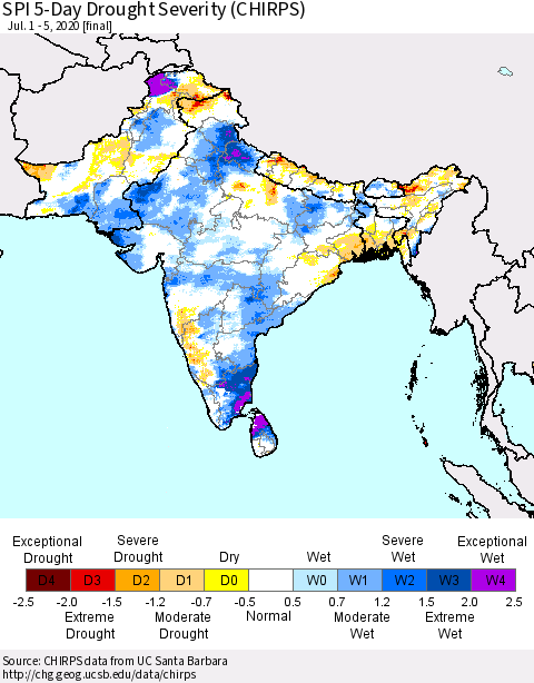 Southern Asia SPI 5-Day Drought Severity (CHIRPS) Thematic Map For 7/1/2020 - 7/5/2020