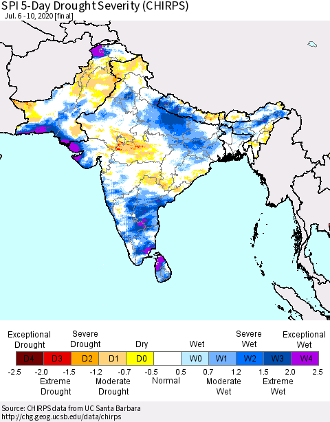 Southern Asia SPI 5-Day Drought Severity (CHIRPS) Thematic Map For 7/6/2020 - 7/10/2020