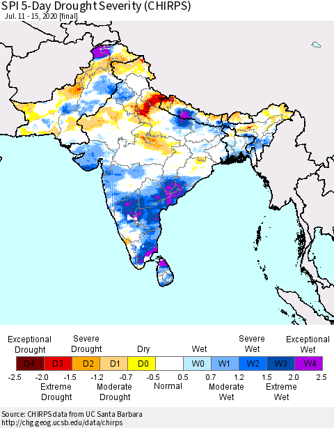 Southern Asia SPI 5-Day Drought Severity (CHIRPS) Thematic Map For 7/11/2020 - 7/15/2020