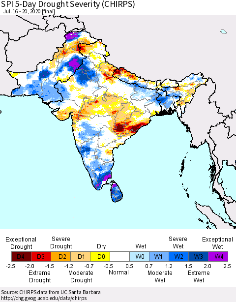 Southern Asia SPI 5-Day Drought Severity (CHIRPS) Thematic Map For 7/16/2020 - 7/20/2020