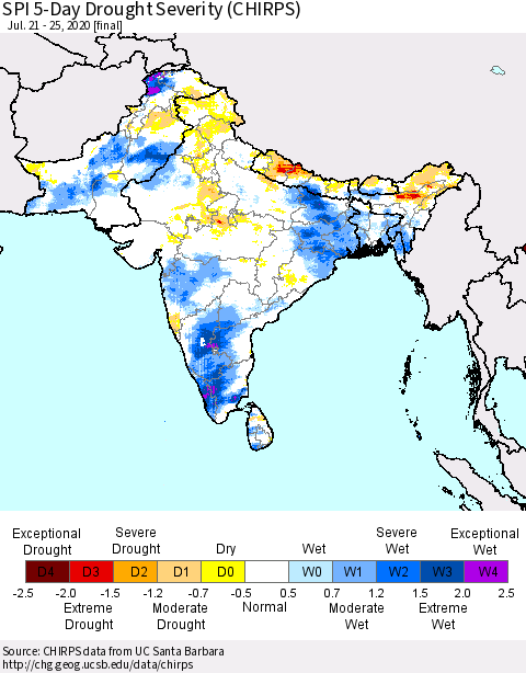 Southern Asia SPI 5-Day Drought Severity (CHIRPS) Thematic Map For 7/21/2020 - 7/25/2020