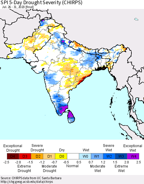 Southern Asia SPI 5-Day Drought Severity (CHIRPS) Thematic Map For 7/26/2020 - 7/31/2020