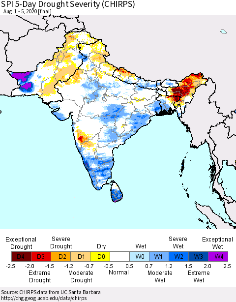 Southern Asia SPI 5-Day Drought Severity (CHIRPS) Thematic Map For 8/1/2020 - 8/5/2020