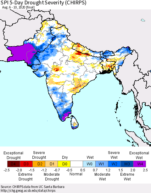 Southern Asia SPI 5-Day Drought Severity (CHIRPS) Thematic Map For 8/6/2020 - 8/10/2020