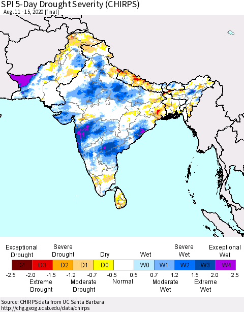 Southern Asia SPI 5-Day Drought Severity (CHIRPS) Thematic Map For 8/11/2020 - 8/15/2020