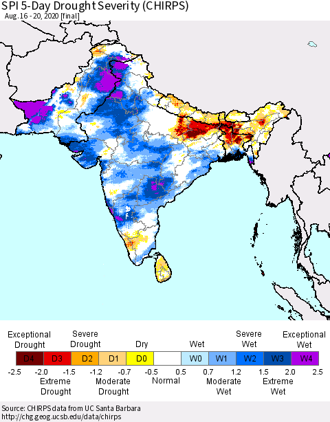 Southern Asia SPI 5-Day Drought Severity (CHIRPS) Thematic Map For 8/16/2020 - 8/20/2020