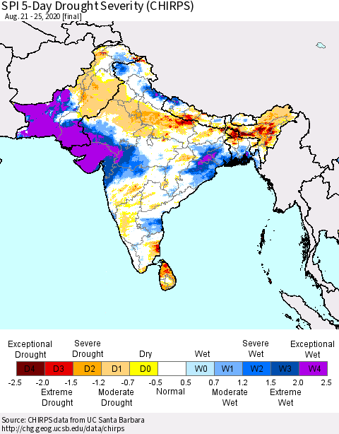 Southern Asia SPI 5-Day Drought Severity (CHIRPS) Thematic Map For 8/21/2020 - 8/25/2020