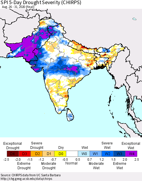 Southern Asia SPI 5-Day Drought Severity (CHIRPS) Thematic Map For 8/26/2020 - 8/31/2020