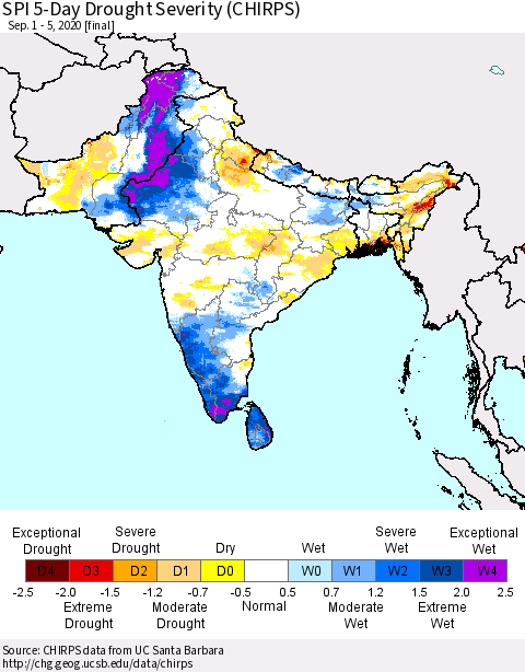 Southern Asia SPI 5-Day Drought Severity (CHIRPS) Thematic Map For 9/1/2020 - 9/5/2020