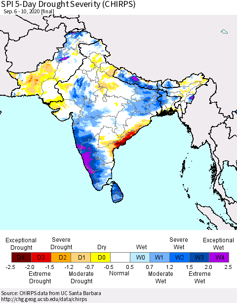 Southern Asia SPI 5-Day Drought Severity (CHIRPS) Thematic Map For 9/6/2020 - 9/10/2020