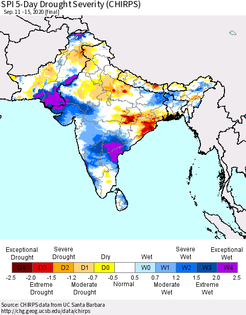 Southern Asia SPI 5-Day Drought Severity (CHIRPS) Thematic Map For 9/11/2020 - 9/15/2020