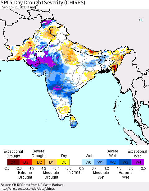 Southern Asia SPI 5-Day Drought Severity (CHIRPS) Thematic Map For 9/16/2020 - 9/20/2020
