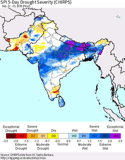 Southern Asia SPI 5-Day Drought Severity (CHIRPS) Thematic Map For 9/21/2020 - 9/25/2020