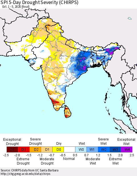 Southern Asia SPI 5-Day Drought Severity (CHIRPS) Thematic Map For 10/1/2020 - 10/5/2020