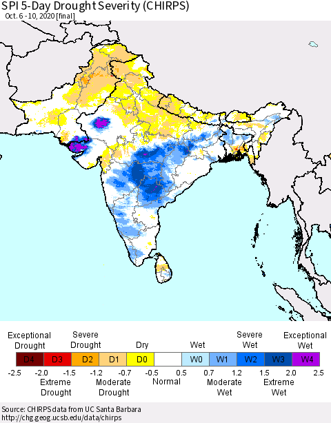 Southern Asia SPI 5-Day Drought Severity (CHIRPS) Thematic Map For 10/6/2020 - 10/10/2020