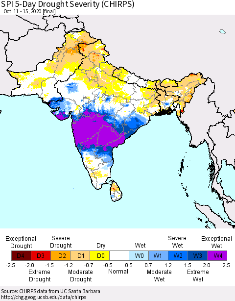 Southern Asia SPI 5-Day Drought Severity (CHIRPS) Thematic Map For 10/11/2020 - 10/15/2020