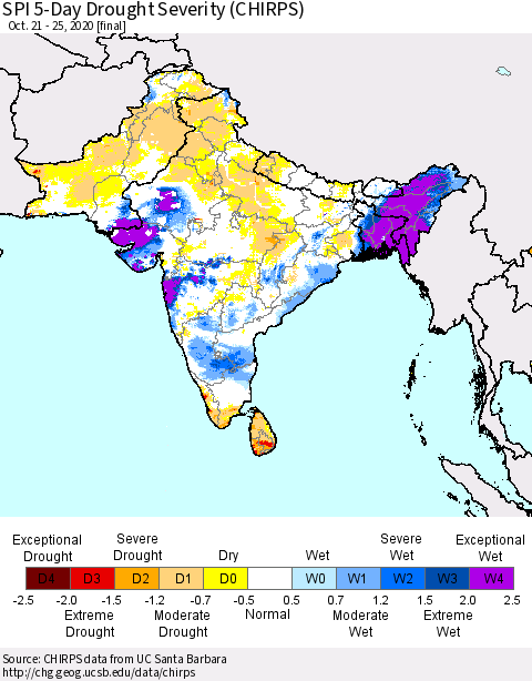 Southern Asia SPI 5-Day Drought Severity (CHIRPS) Thematic Map For 10/21/2020 - 10/25/2020