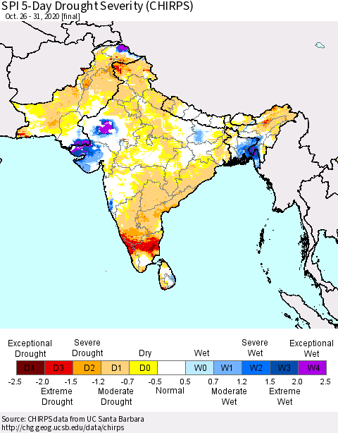 Southern Asia SPI 5-Day Drought Severity (CHIRPS) Thematic Map For 10/26/2020 - 10/31/2020