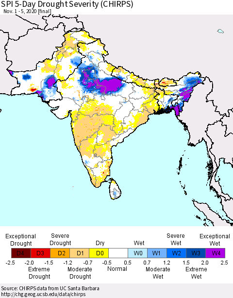 Southern Asia SPI 5-Day Drought Severity (CHIRPS) Thematic Map For 11/1/2020 - 11/5/2020