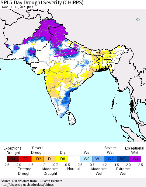Southern Asia SPI 5-Day Drought Severity (CHIRPS) Thematic Map For 11/11/2020 - 11/15/2020