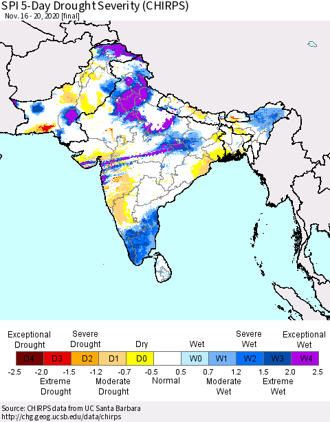 Southern Asia SPI 5-Day Drought Severity (CHIRPS) Thematic Map For 11/16/2020 - 11/20/2020