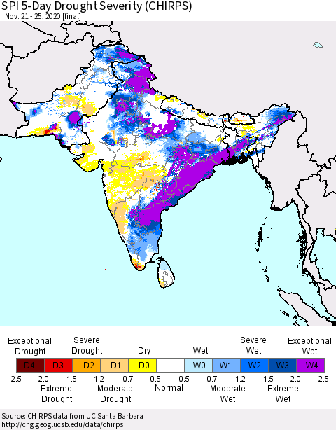 Southern Asia SPI 5-Day Drought Severity (CHIRPS) Thematic Map For 11/21/2020 - 11/25/2020