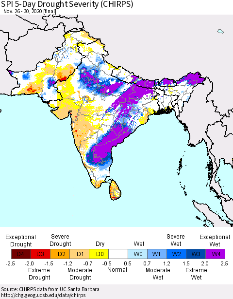 Southern Asia SPI 5-Day Drought Severity (CHIRPS) Thematic Map For 11/26/2020 - 11/30/2020
