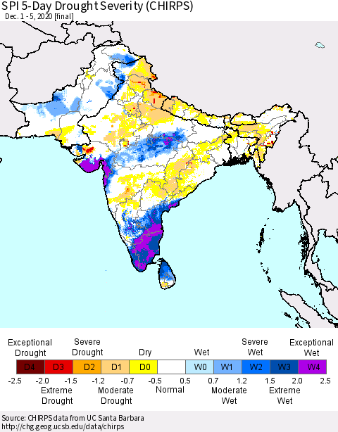 Southern Asia SPI 5-Day Drought Severity (CHIRPS) Thematic Map For 12/1/2020 - 12/5/2020