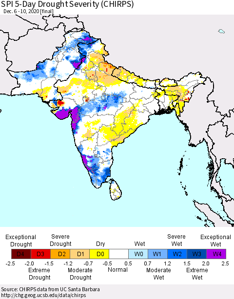 Southern Asia SPI 5-Day Drought Severity (CHIRPS) Thematic Map For 12/6/2020 - 12/10/2020