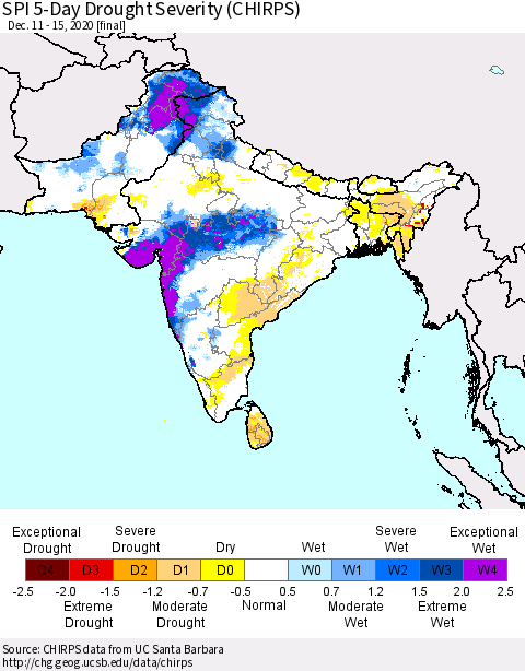 Southern Asia SPI 5-Day Drought Severity (CHIRPS) Thematic Map For 12/11/2020 - 12/15/2020