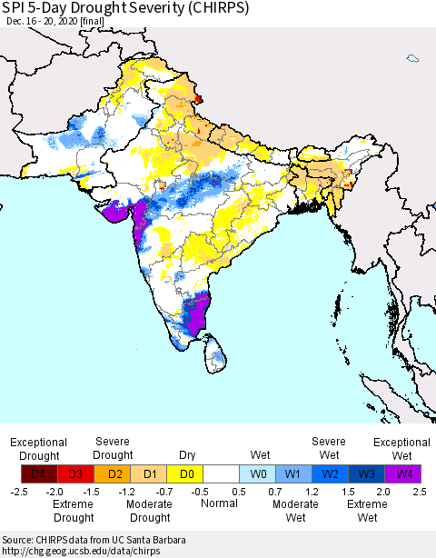 Southern Asia SPI 5-Day Drought Severity (CHIRPS) Thematic Map For 12/16/2020 - 12/20/2020