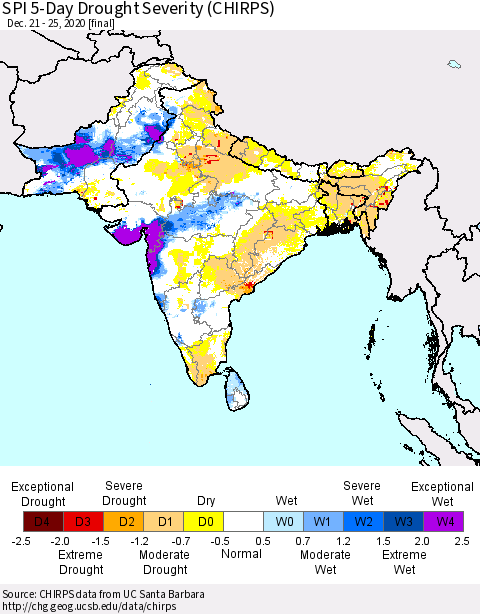 Southern Asia SPI 5-Day Drought Severity (CHIRPS) Thematic Map For 12/21/2020 - 12/25/2020