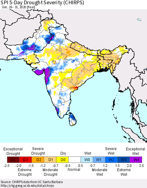 Southern Asia SPI 5-Day Drought Severity (CHIRPS) Thematic Map For 12/26/2020 - 12/31/2020