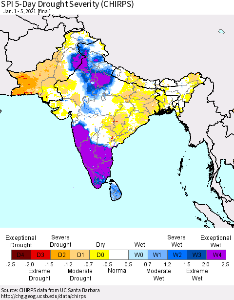 Southern Asia SPI 5-Day Drought Severity (CHIRPS) Thematic Map For 1/1/2021 - 1/5/2021
