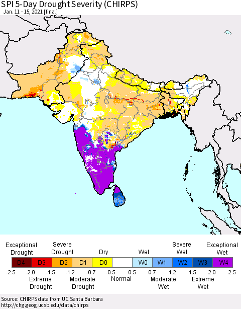 Southern Asia SPI 5-Day Drought Severity (CHIRPS) Thematic Map For 1/11/2021 - 1/15/2021