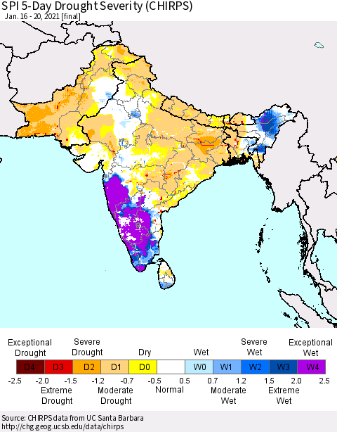 Southern Asia SPI 5-Day Drought Severity (CHIRPS) Thematic Map For 1/16/2021 - 1/20/2021