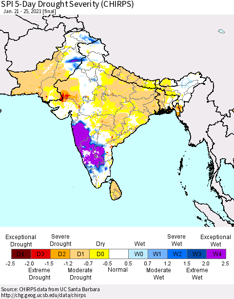 Southern Asia SPI 5-Day Drought Severity (CHIRPS) Thematic Map For 1/21/2021 - 1/25/2021