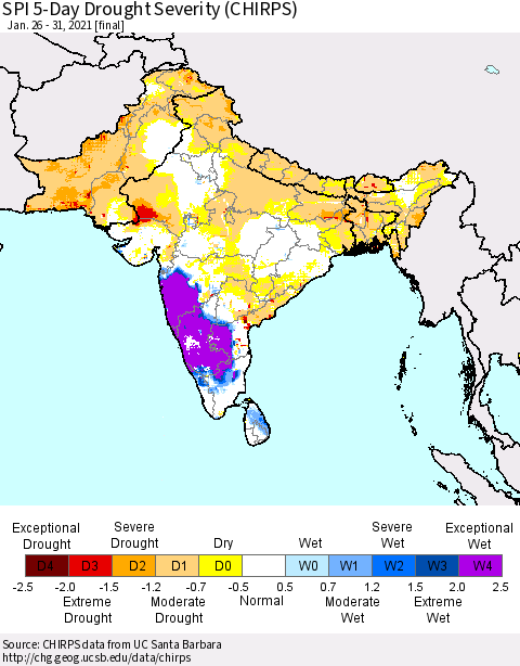 Southern Asia SPI 5-Day Drought Severity (CHIRPS) Thematic Map For 1/26/2021 - 1/31/2021