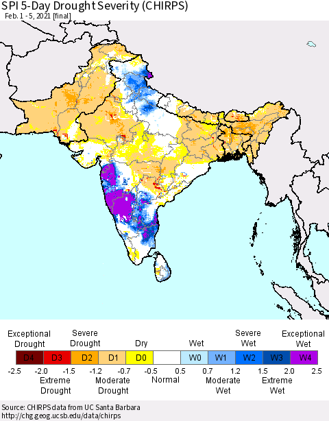 Southern Asia SPI 5-Day Drought Severity (CHIRPS) Thematic Map For 2/1/2021 - 2/5/2021